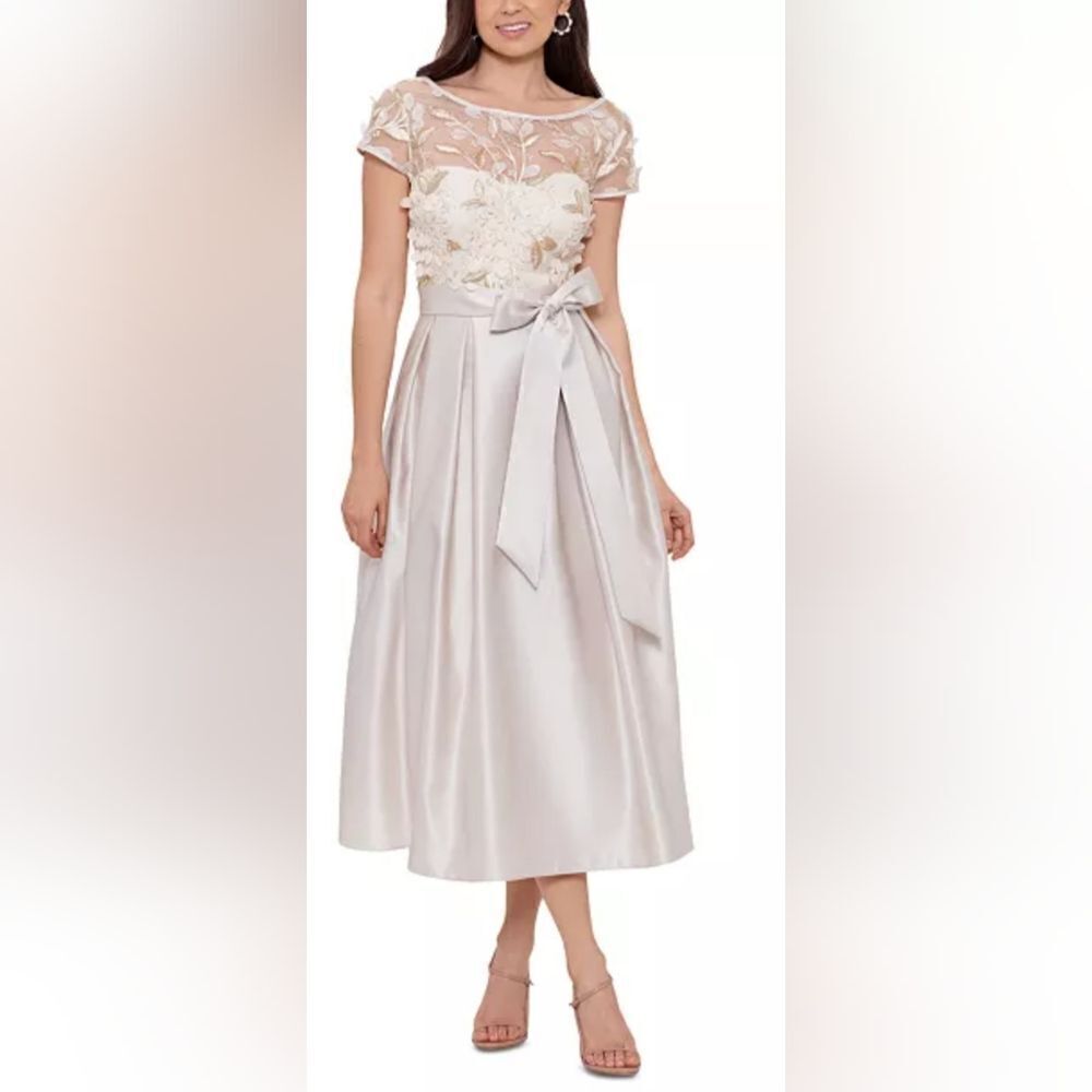 XSCAPE Embellished Lace-Trim Midi Dress NWT size 8P CHAMPAGNE IVORY